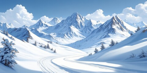 Obraz premium Expansive view of snow-covered mountains under a clear blue sky, featuring winding ski trails and scattered pine trees.