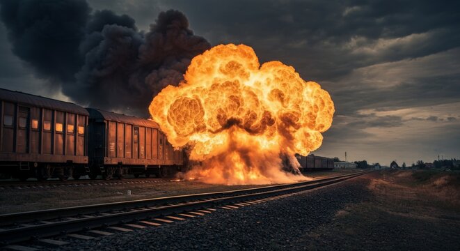 Dramatic train explosion on remote railway track at dusk.
