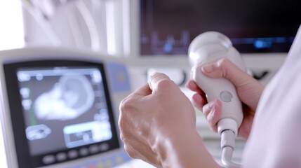 A close-up of a healthcare professional using a handheld Doppler device to monitor fetal heart rate in an ultrasound room, macro shot, Minimalist style