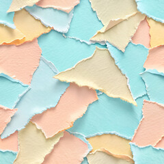 Fototapeta premium texture.A seamless background featuring overlapping torn pieces of pastel paper in hues of baby blue, peach, and soft yellow, with jagged edges and subtle textures.