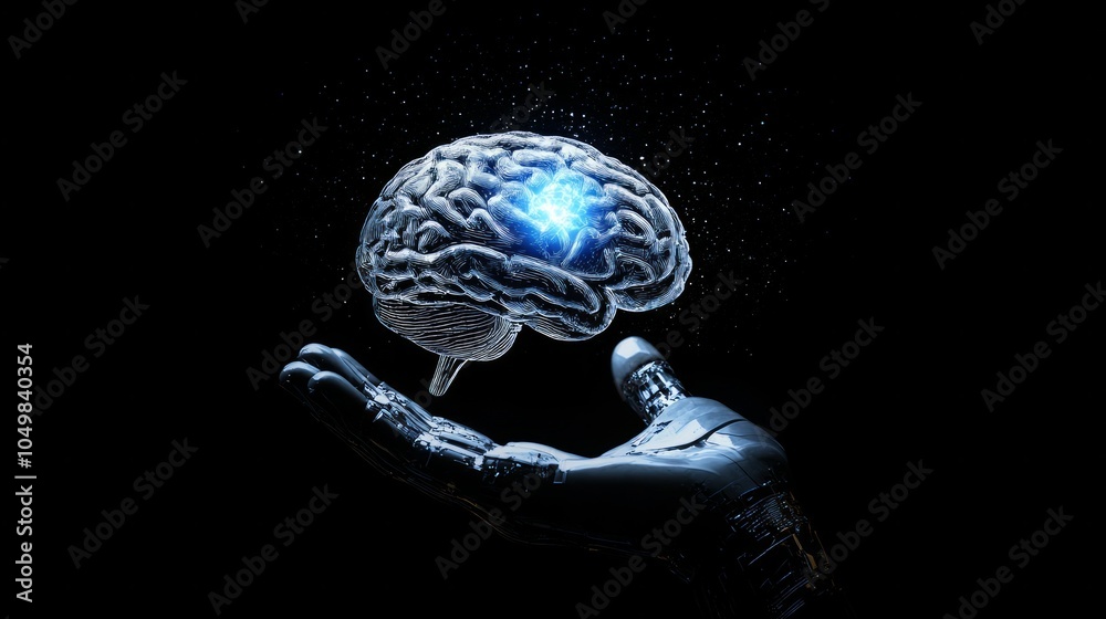 Poster close-up ai robot holds ai brain with open hand. artificial intelligence or ai analysis information.