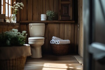 A standard bathroom setup with a toilet and a basket of fresh towels