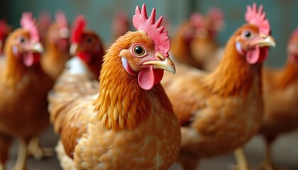 Fototapeta premium A flock of vibrant roosters ready to crow the day awake