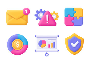 Envelope, gear, puzzle, diagram, chart, whiteboard, shield. Business 3d vector icon set. Cartoon minimal style.