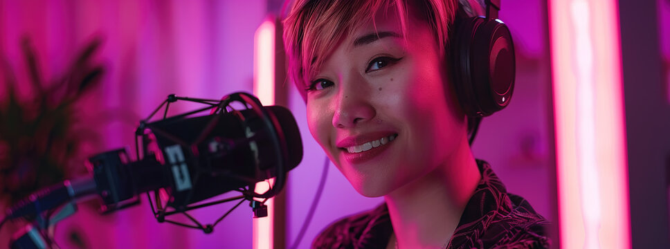 very beautiful asian woman, made up for a video podcast. ideal for social media posts, content and Gaming.