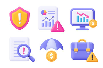 Business risk and risk management 3d vector icon set. Shield, chart, briefcase, umbrella, coin, file. Cartoon minimal style.