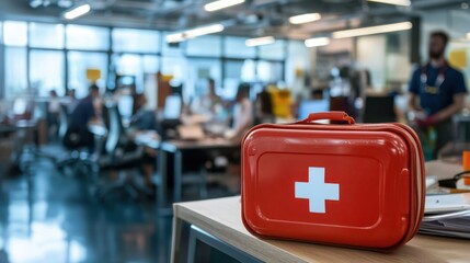 A busy office environment with a first-aid kit visible after a workplace accident, emphasizing safety readiness