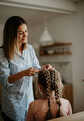 Mother braiding young daughter's hair in cozy kitchen interior.