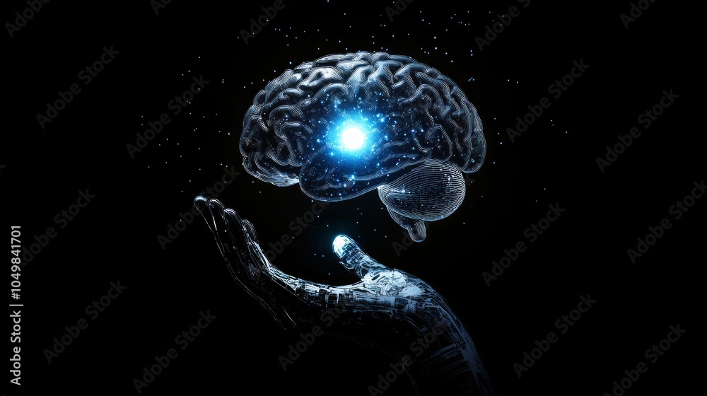 Poster close-up ai robot holds ai brain with open hand. artificial intelligence or ai analysis information.