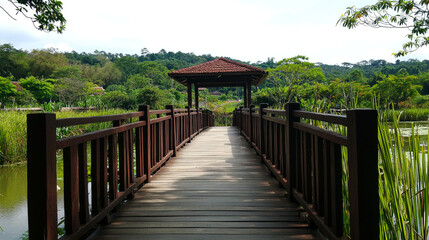 Fototapeta premium Wooden bridge leading to a gazebo in a lush green park.