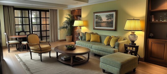 Elegant Living Room with Asian-Inspired Decor, Abundant Natural Light, and Green Accents