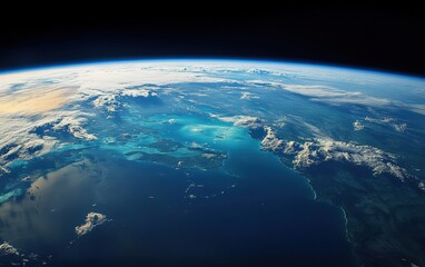 Earth from Space: A vibrant, high-resolution view of Earth from space, showcasing blue oceans, green landmasses, and white clouds swirling in the atmosphere 