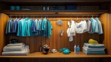 A closet with various sports and outdoor apparel, including towels, water bottles, and helmets, arranged neatly on a wooden shelf.