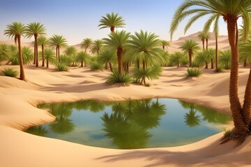 Obraz premium Desert oasis a small oasis with green palms a clear pond and golden sands in the surrounding, AI Generated
