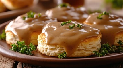 A plate of biscuits topped with savory gravy