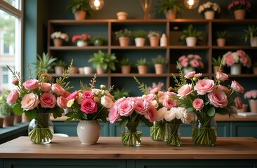 Obraz premium Beautiful flower arrangements in a cozy interior setting. 