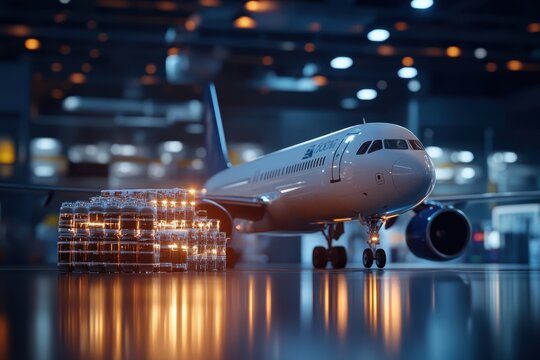 Cargo airplane being loaded with freight at night in a busy airport hangar