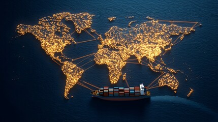 Glowing World Map with Animated Trade Routes and Cargo Ship Traversing the Ocean