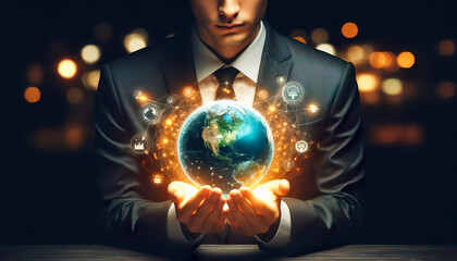 Fototapeta premium A conscientious businessman in a suit cradles a glowing globe symbolizing Earth in his hands, representing a commitment to ESG