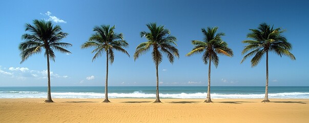 Obraz premium Tropical Beach Scene with Palm Trees Blue Sky and Ocean Waves