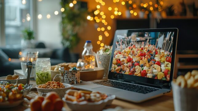 A close-up of a laptop with a virtual party setup, including decorations and snacks in front of it, capturing the essence of online gatherings