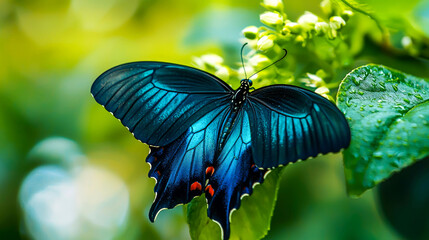 A beautiful blue and black butterfly perched on a green leaf with dew drops, against a blurred background of green leaves.