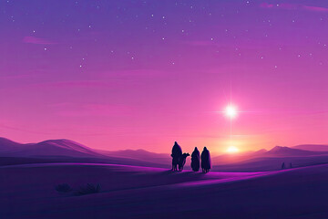 Fototapeta premium Three wise men walking toward the Star of Bethlehem, symbolizing faith, guidance, and the journey to witness the birth of Christ, illustrated in deep, serene tones with a glowing star in the distance