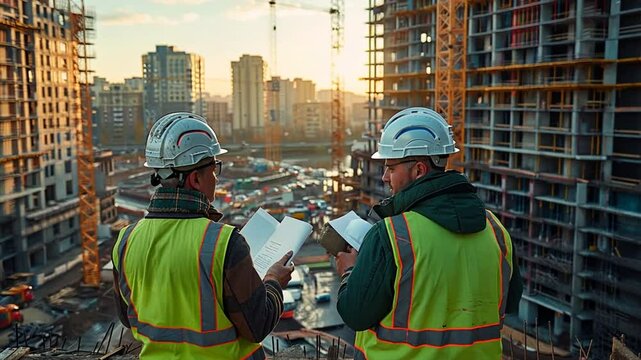 Construction Workers Review Blueprints: Two construction workers, clad in safety vests and hard hats, stand atop a building under construction.