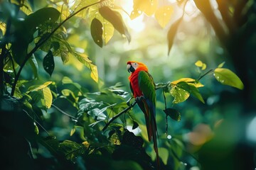 A small bird perches on a tree branch, with vibrant red and green plumage
