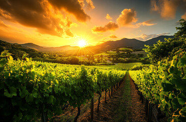 Beautiful wineyards landscape, Grape field. Vineyard hills. Summer scenery with wineyard rows
