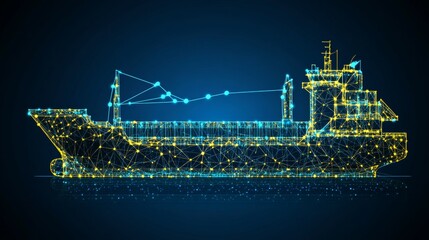 Fototapeta premium Abstract Cargo Ship, Modern Transport And Connectivity, Glowing Lines On Dark Blue Background.