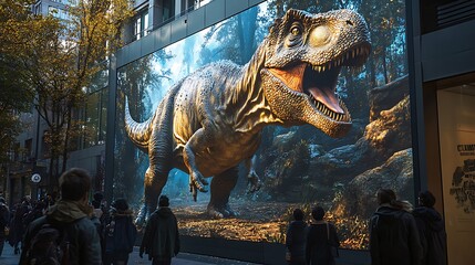 26102154 12 A public digital display with a 3D-rendered dinosaur appearing to step out of the screen attracting the attention of passersby