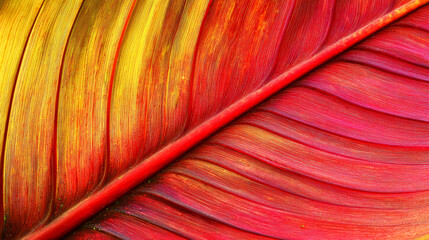 Close-up of a red and yellow leaf with veins and texture.