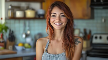 A cheerful woman with long red hair smiles warmly in a cozy kitchen, showcasing a lively and inviting atmosphere.