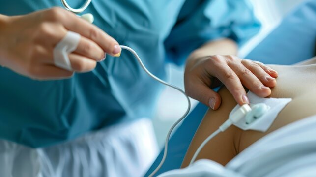 A close-up of a healthcare worker applying an ECG electrode on a patient��s chest in a bright, sterile room, macro shot