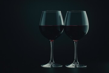 Naklejka premium Two glassware filled with red wine sitting on a dark background, perfect for capturing the essence of a romantic evening or a sophisticated gathering