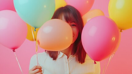 Obraz premium A woman holds a bunch of balloons in front of her face, a playful and whimsical scene