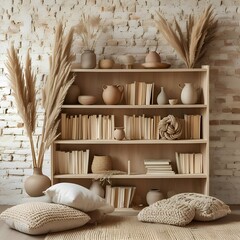Fototapeta premium A beige wood bookshelf styled with muted books, dried pampas grass in ceramic vases, and trailing vines