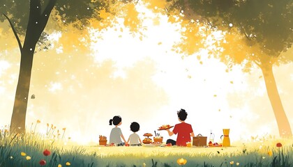 Naklejka premium A joyful picnic scene in nature, showcasing a family enjoying food together under a warm, golden light.