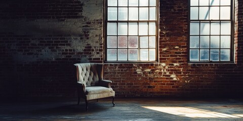 A chair sits in front of two windows with a simple, modern design