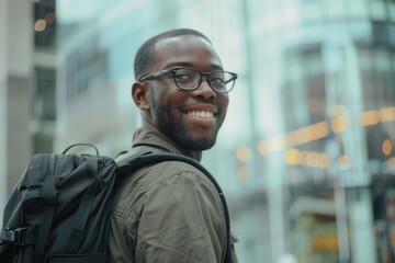 Obraz premium A happy traveler with a backpack and a smile, ready for adventure
