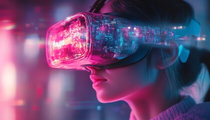 A young woman experiences immersive technology through a virtual reality headset, surrounded by vibrant neon lights.
