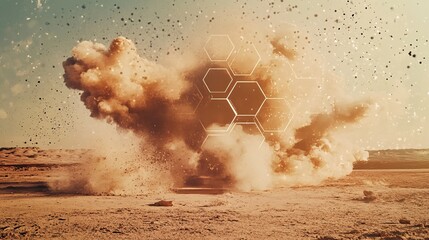 Desert Explosion with Hexagonal Glitch Overlays
