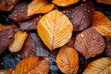 Autumn leaves in raindrops are left on the ground. Autumn mood. Top view
