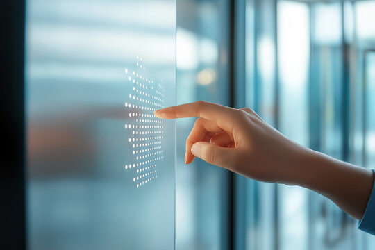 A visually impaired person touching a Braille sign on a modern office door, with blurred background.