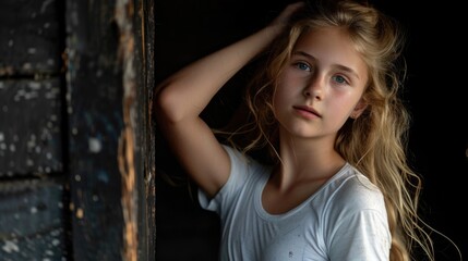 Fototapeta premium A young girl leans against a wall with her long blonde hair visible