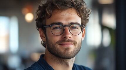 Fototapeta premium Confident young man with glasses smiling in a modern workspace, showcasing professionalism and approachability.