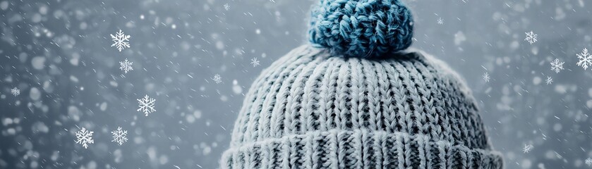 Warm and cozy knit hat with a blue pom-pom, set against a snowy winter background for seasonal fashion or outdoor themes.