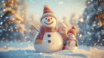 Obraz premium A snowman with a scarf, a family of four standing proudly beside it in a quiet winter landscape.