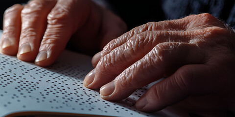 Obraz premium Hands of a visually impaired elderly person reading a Braille book, with their fingers gently gliding over the raised dots on the page..
